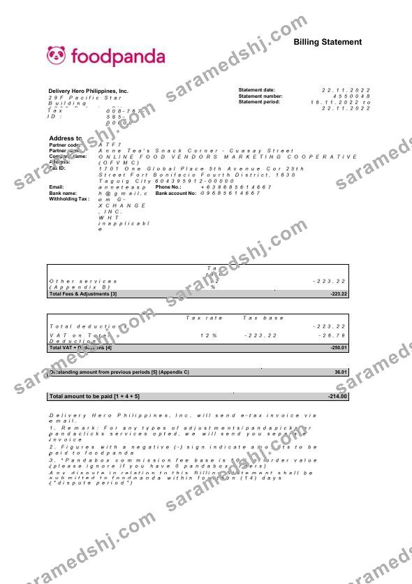 USA New York Foodpanda billing statement Word and PDF template, 4 pages